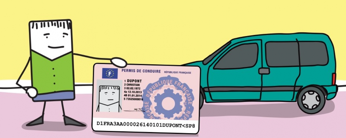 Dessin d'un personnage tenant un permis de conduire devant une voiture
